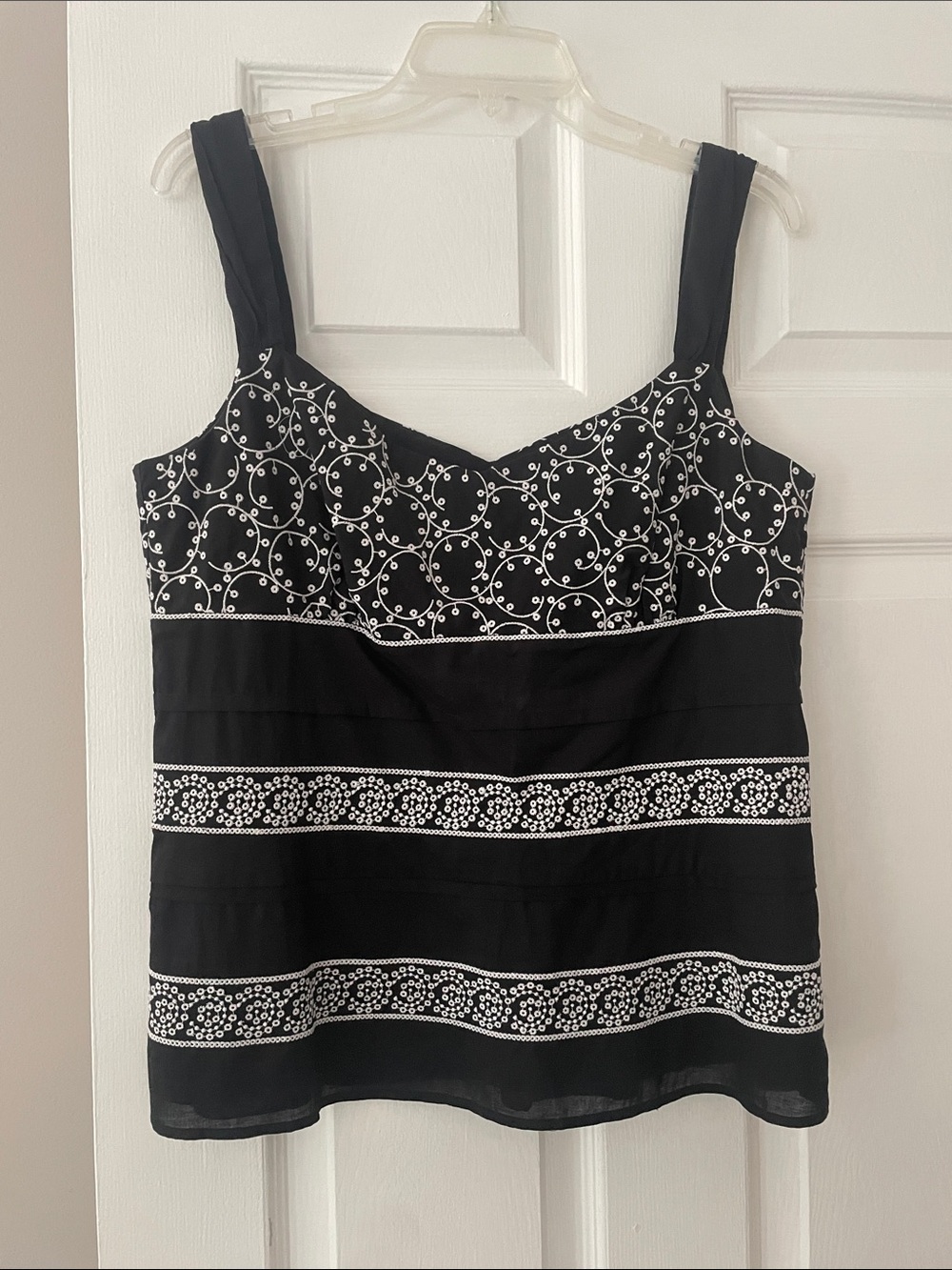 Ann Taylor Black Tank with White Embroidered Bands